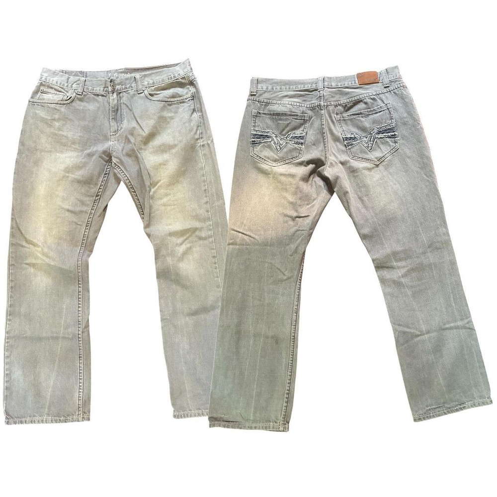 Fly Paper Embroidered Baggy Jeans 36x32 Grey Blue Y2K Skater Streetwear Denim